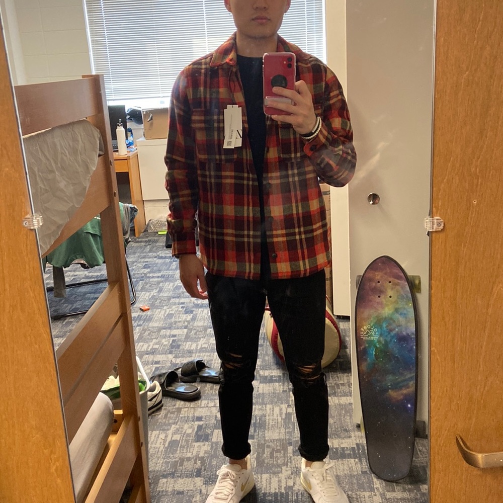 Red plaid flannel from Zara. Size Medium.